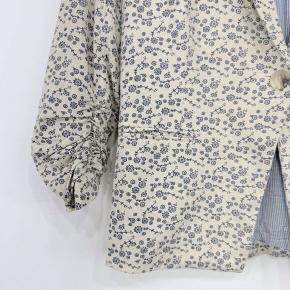 Olivia Moon Cream Blue Floral Print Linen Blend Ruched Sleeve Blazer Jacket - Picture 8 of 16